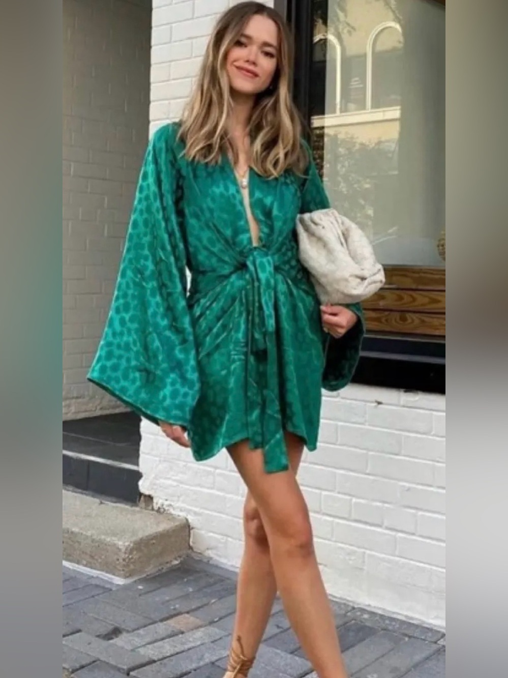 Rat & Boa Emerald Satin Polka-Dot Mini Dress